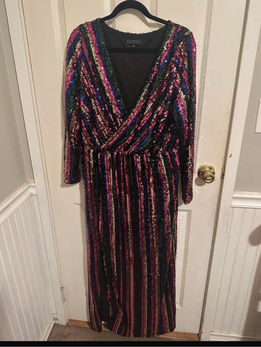 Eloquii Black Multicolor Sequin Wrap Maxi Dress with Long Sleeves